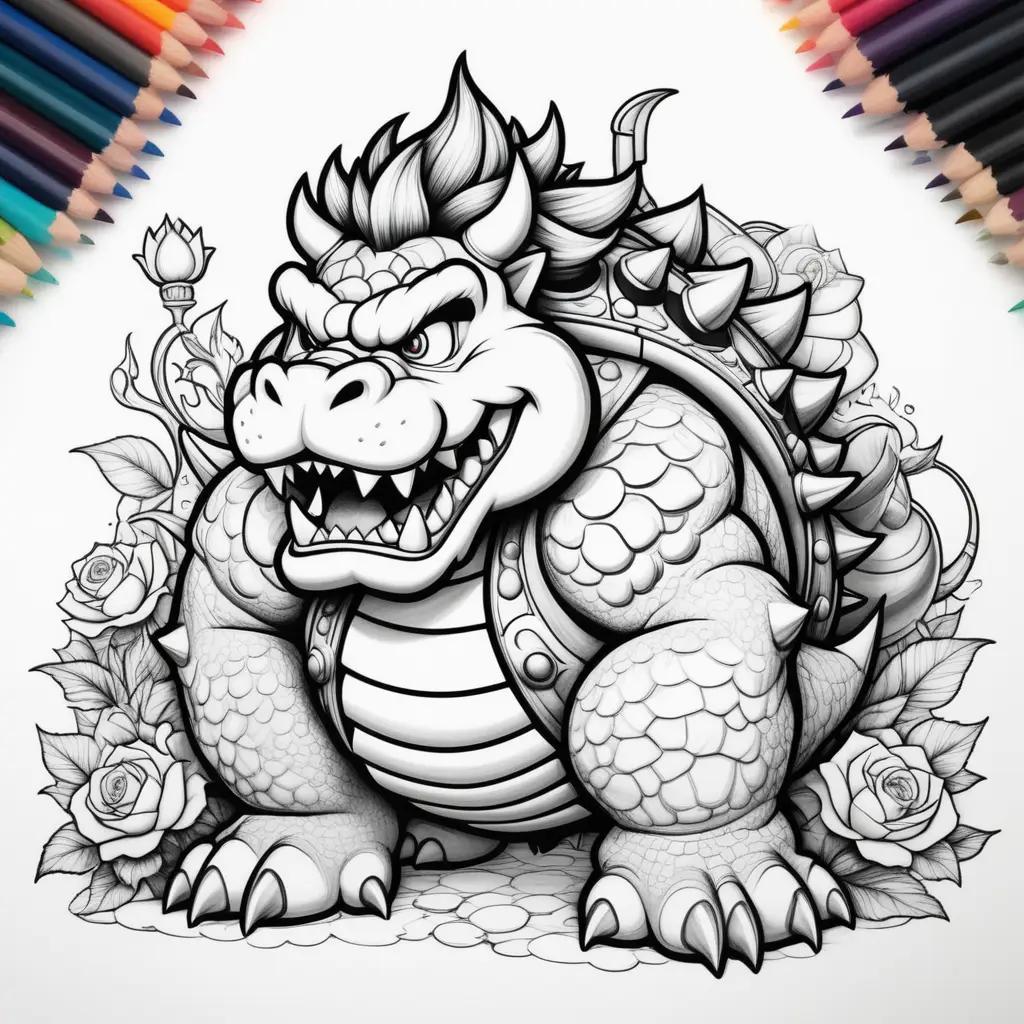 Coloring pages of Bowser with roses and flowers