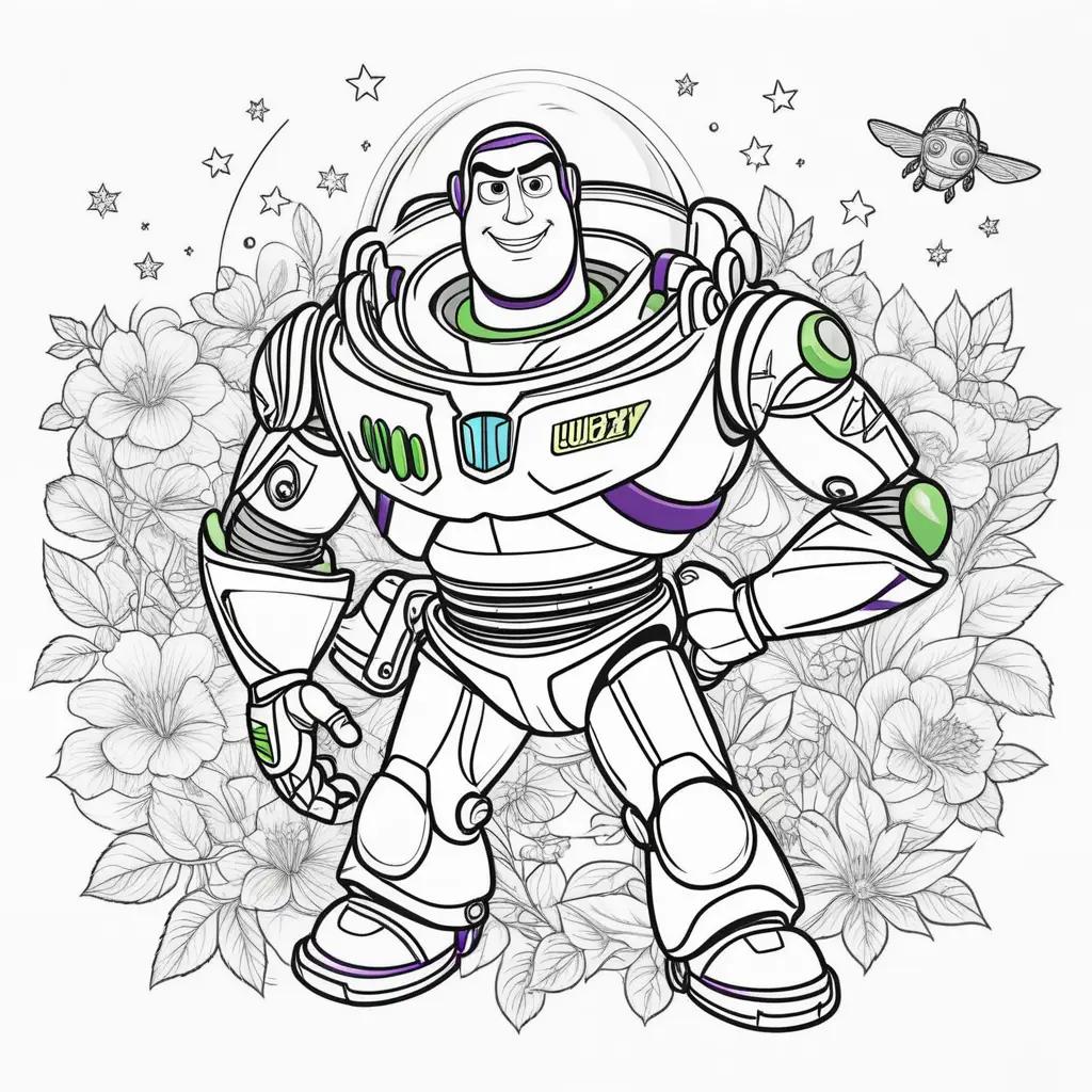 Coloring pages of Buzz Lightyear featuring stars and flowers