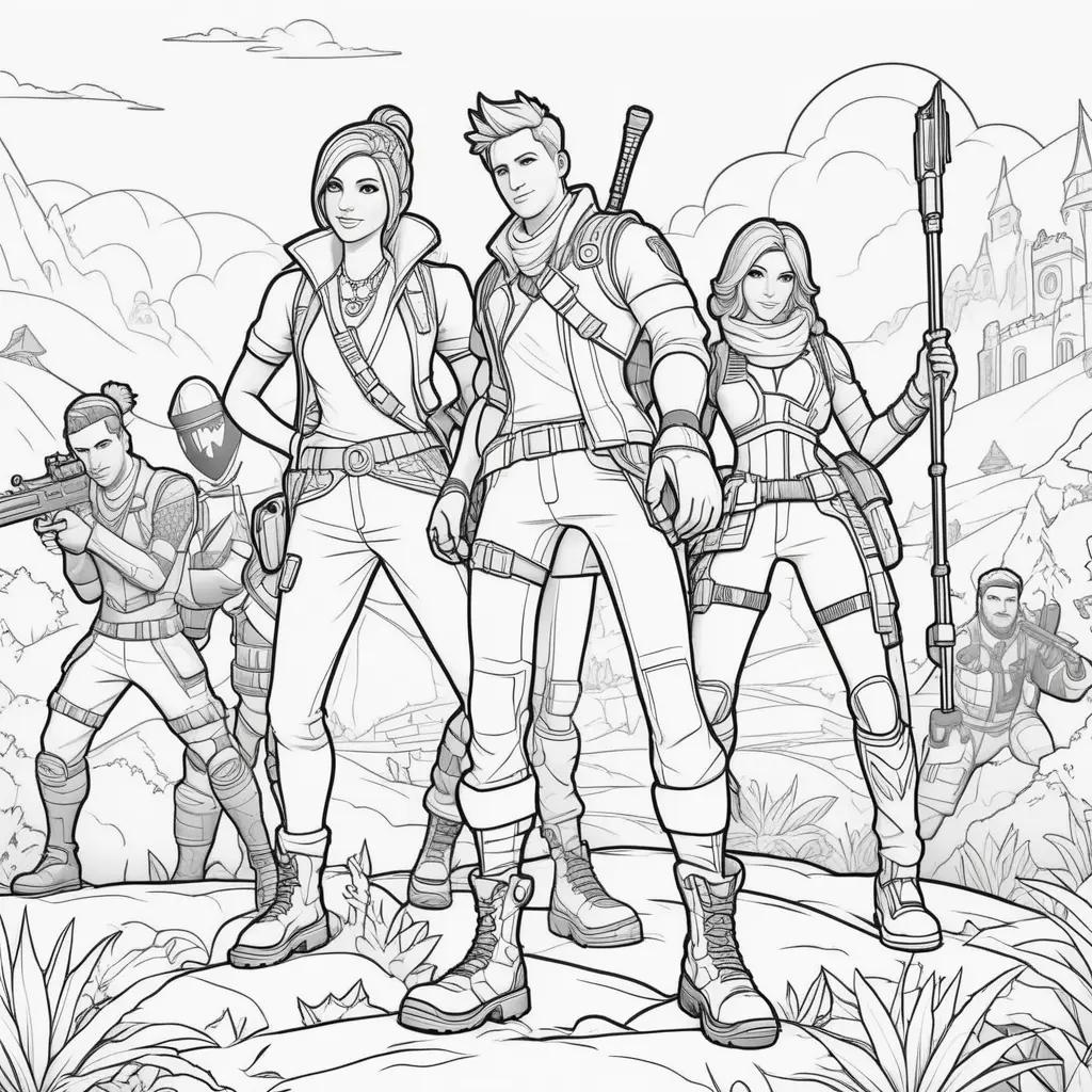 Coloring pages of Fortnite characters in a castle