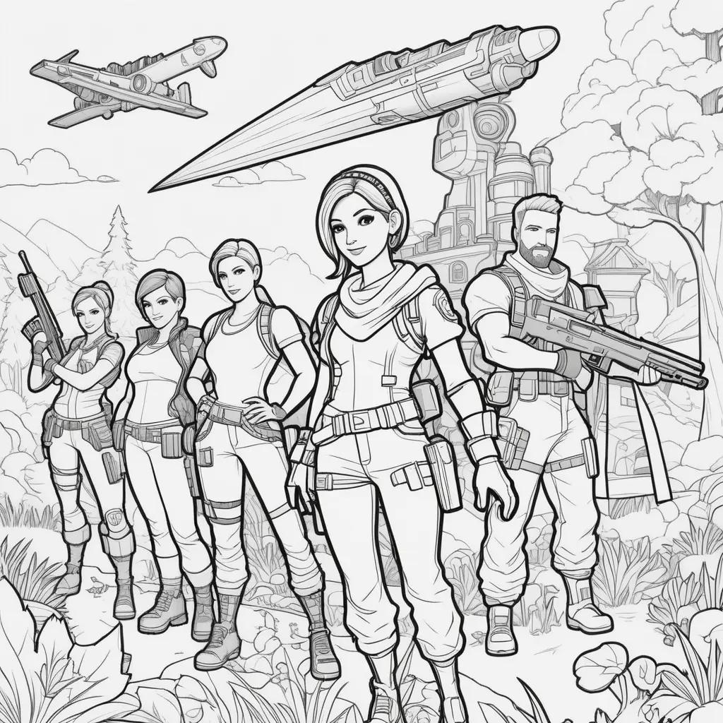 Coloring pages of Fortnite featuring various characters and planes