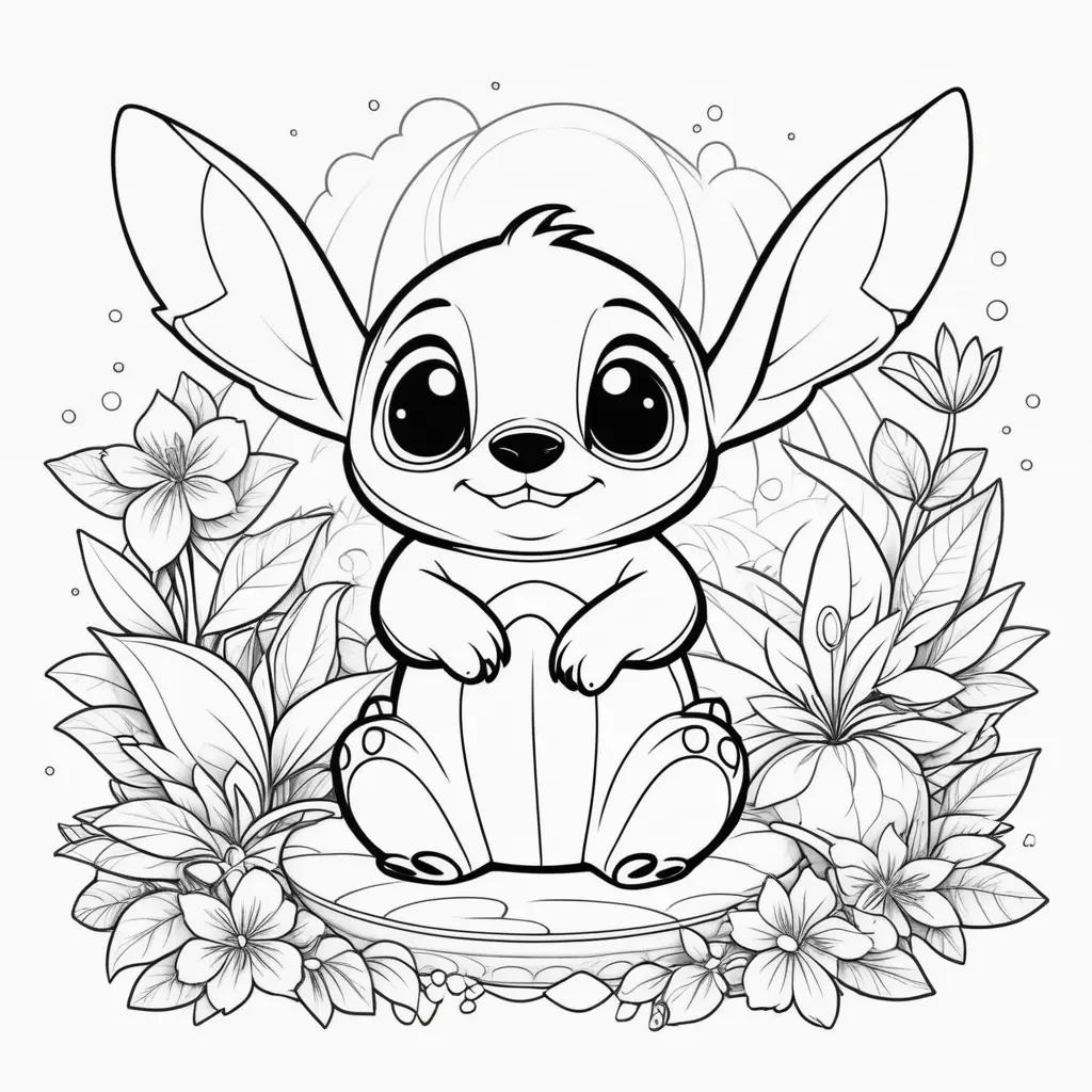 Coloring pages of Lilo and Stitch, a cute rabbit, and flowers