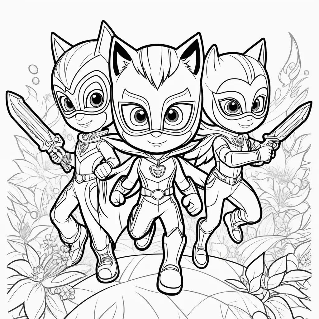 Coloring pages of PJ Masks characters in black and white