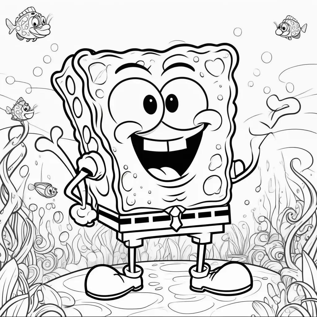 Coloring pages of Spongebob Squarepants with fish and bubbles