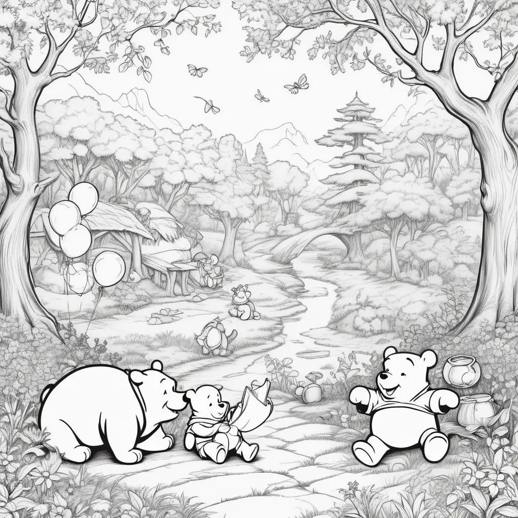 Coloring pages of Winnie the Pooh characters in a forest