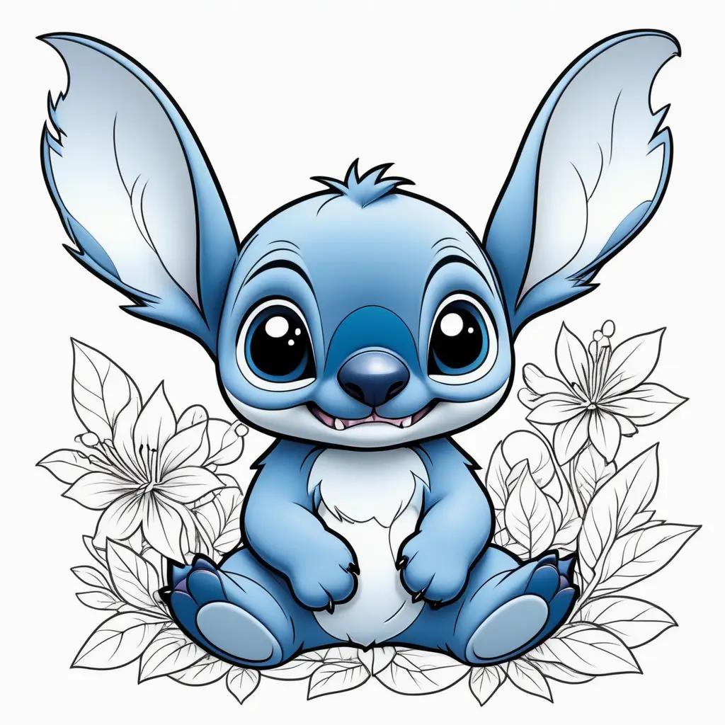 Coloring pages of a blue stitch character with flowers