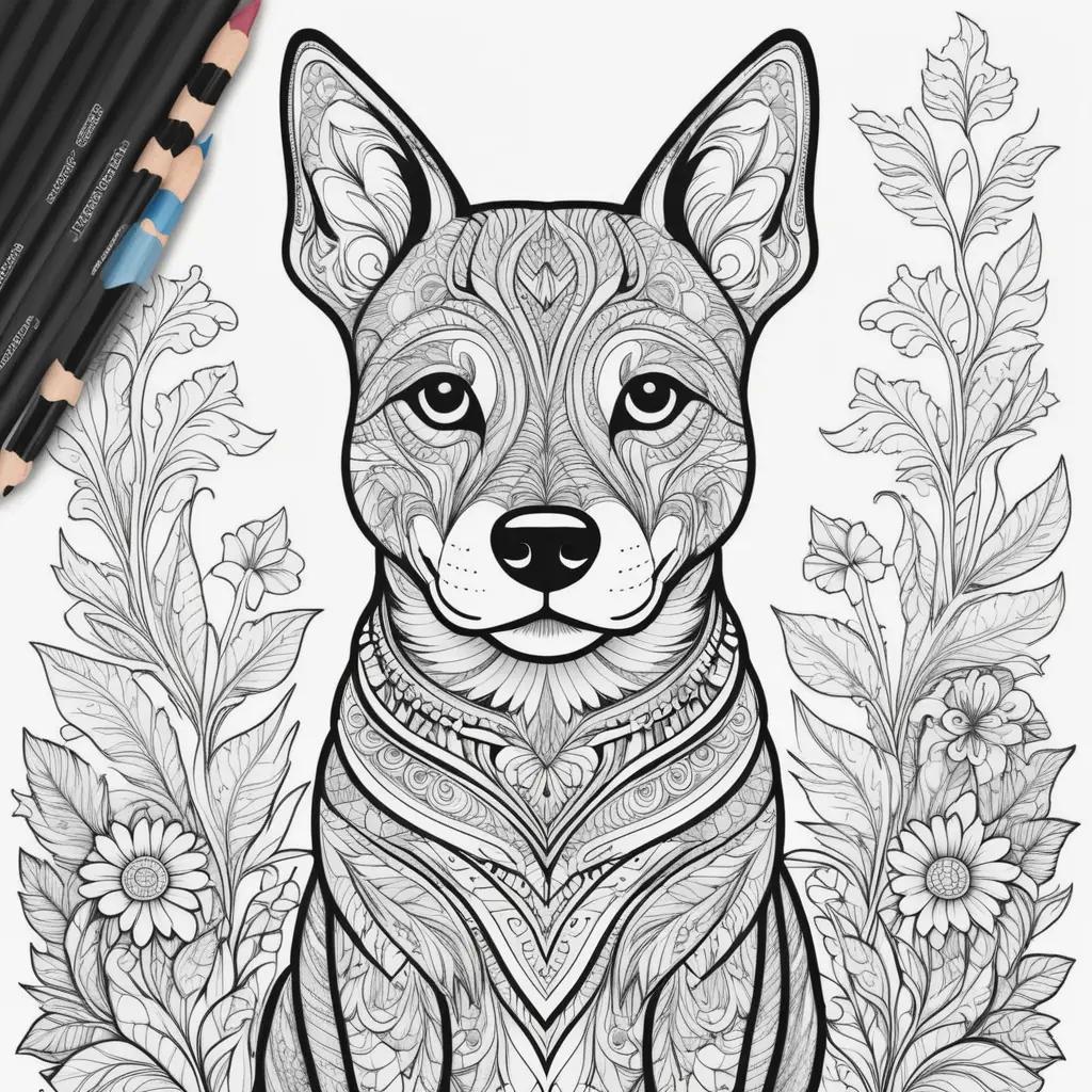 Coloring pages of a dog and flowers with colored pencils