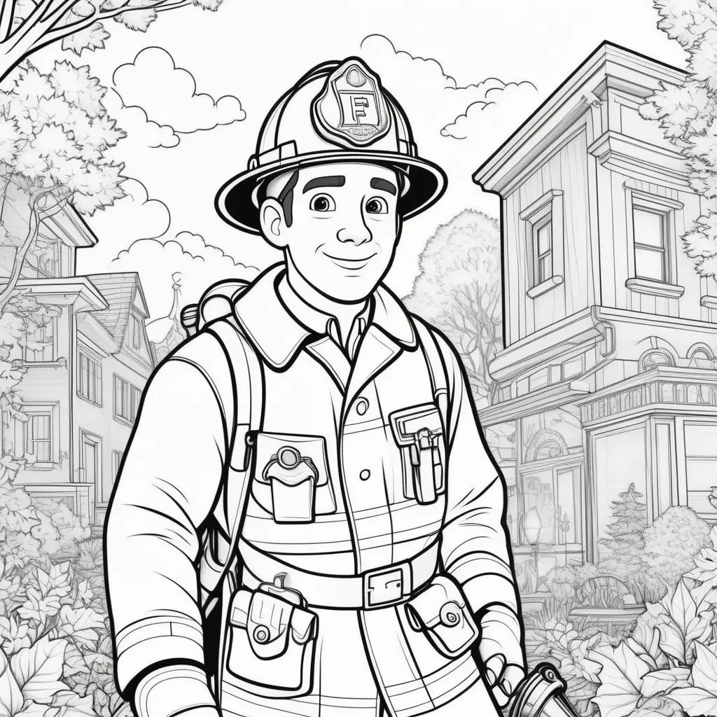 Coloring pages of a fireman and a building