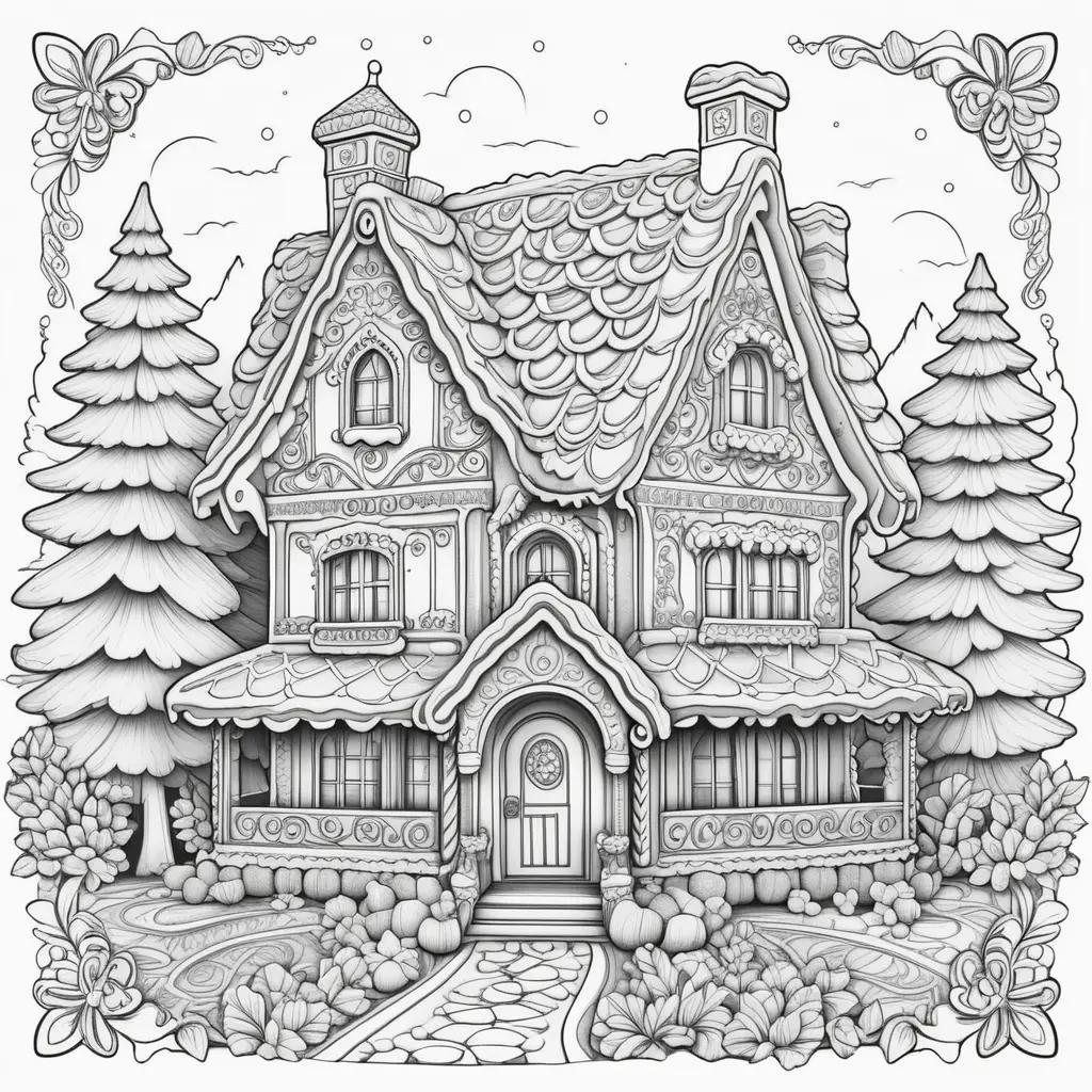 Coloring pages of a gingerbread house with snowflakes