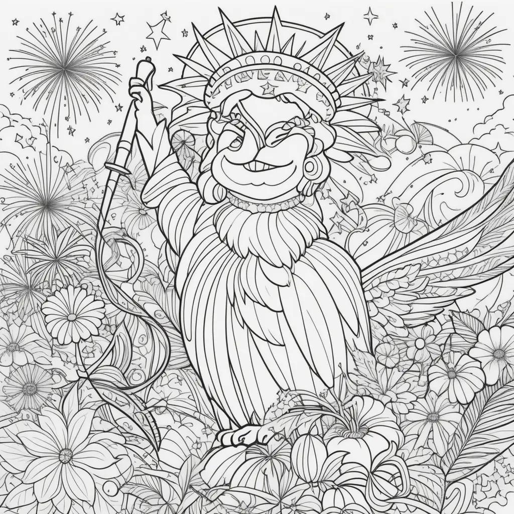 Coloring pages of a lady with a sword on a fourth of july background