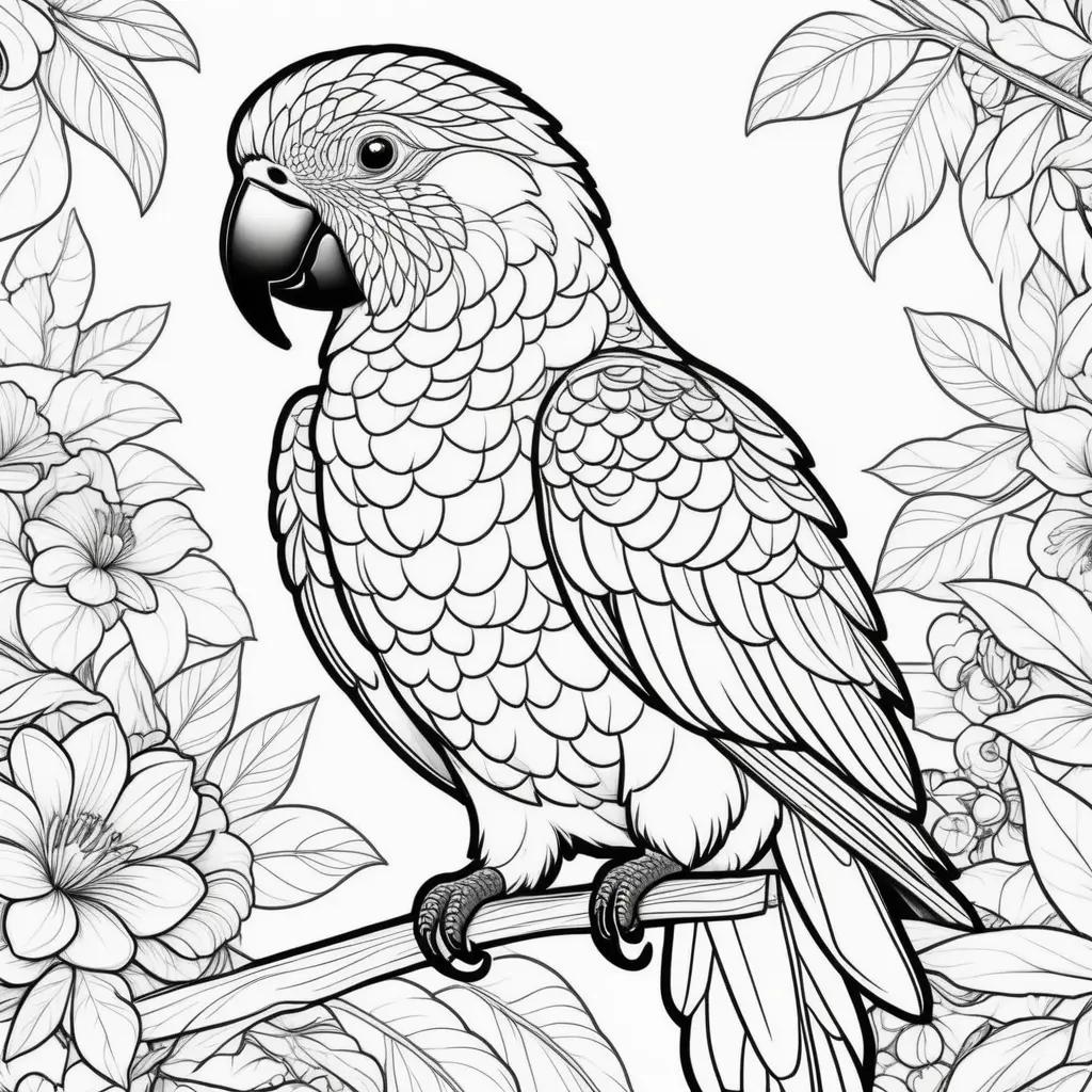 Coloring pages of a parrot with leaves and flowers