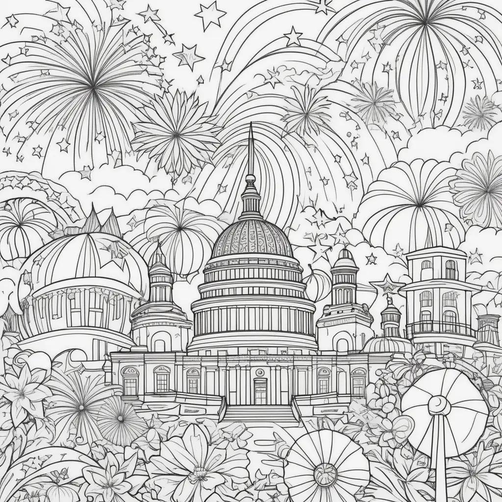 Coloring pages of a patriotic scene with fireworks on July 4th