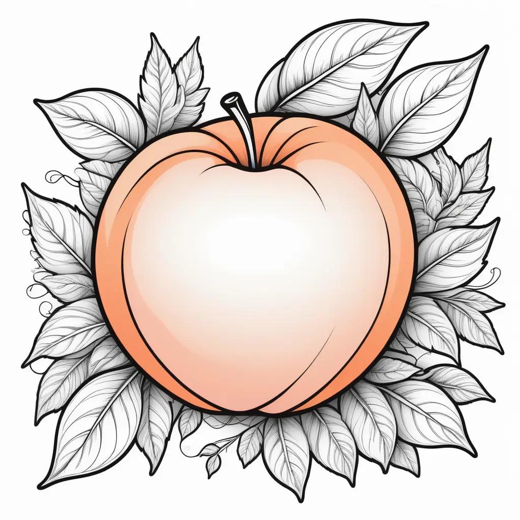 Coloring pages of a peach surrounded by leaves