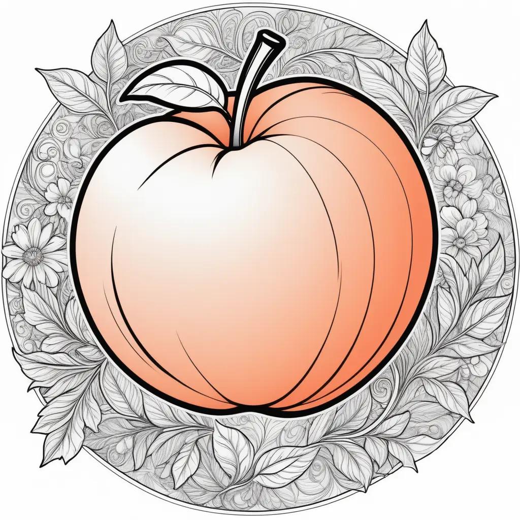 Coloring pages of a peach with leaves around it