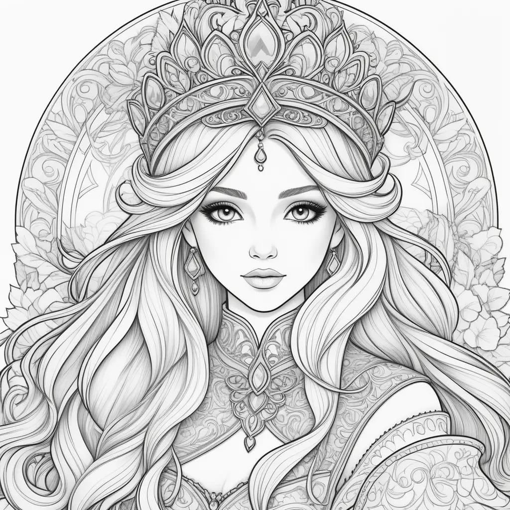 Coloring pages of a princess with a crown and earrings