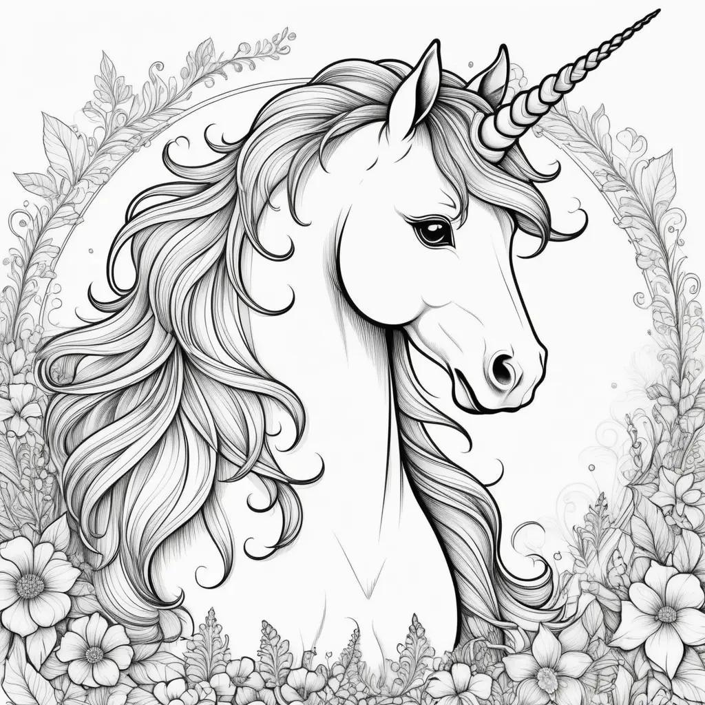 Coloring pages of a unicorn with a flower and leaves