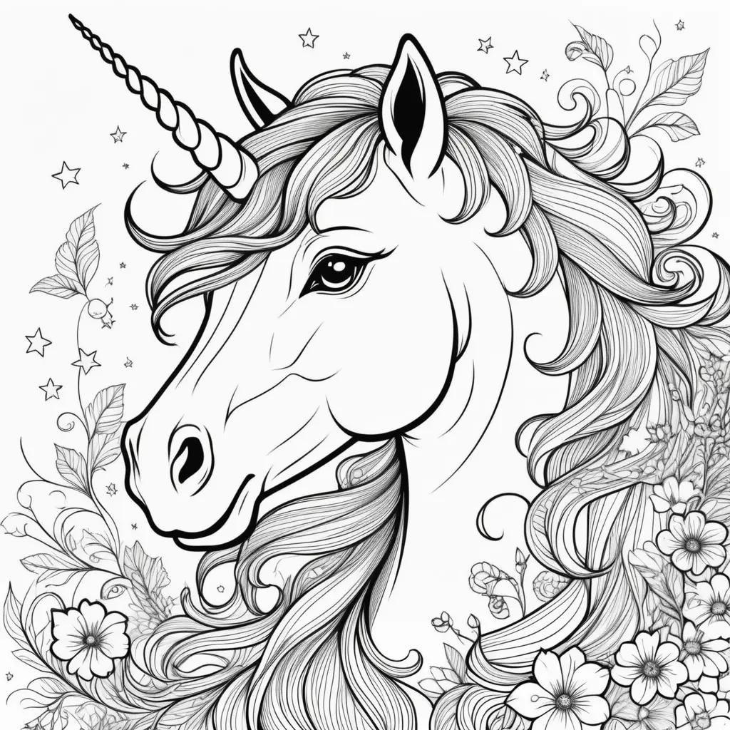 Coloring pages of a unicorn with stars and flowers