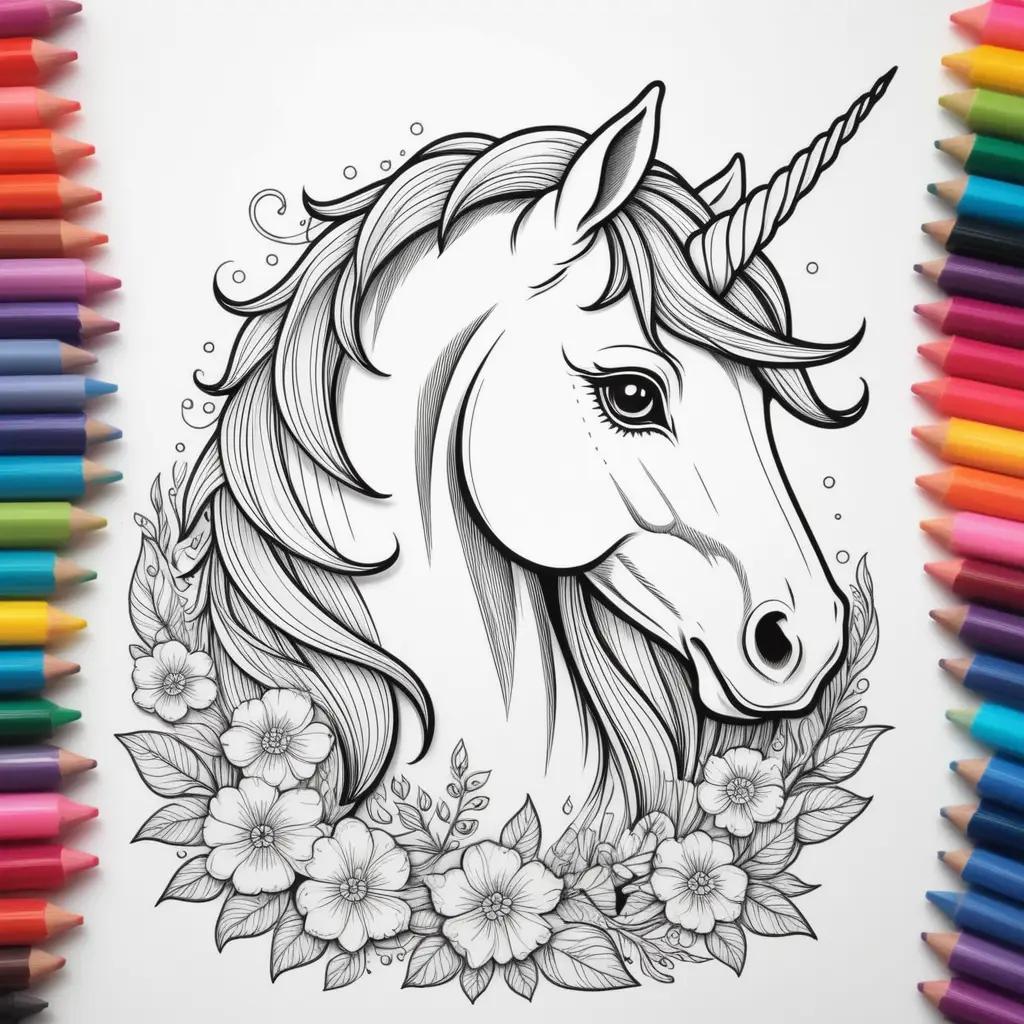 Coloring pages of a unicorns with flowers and coloring pencils