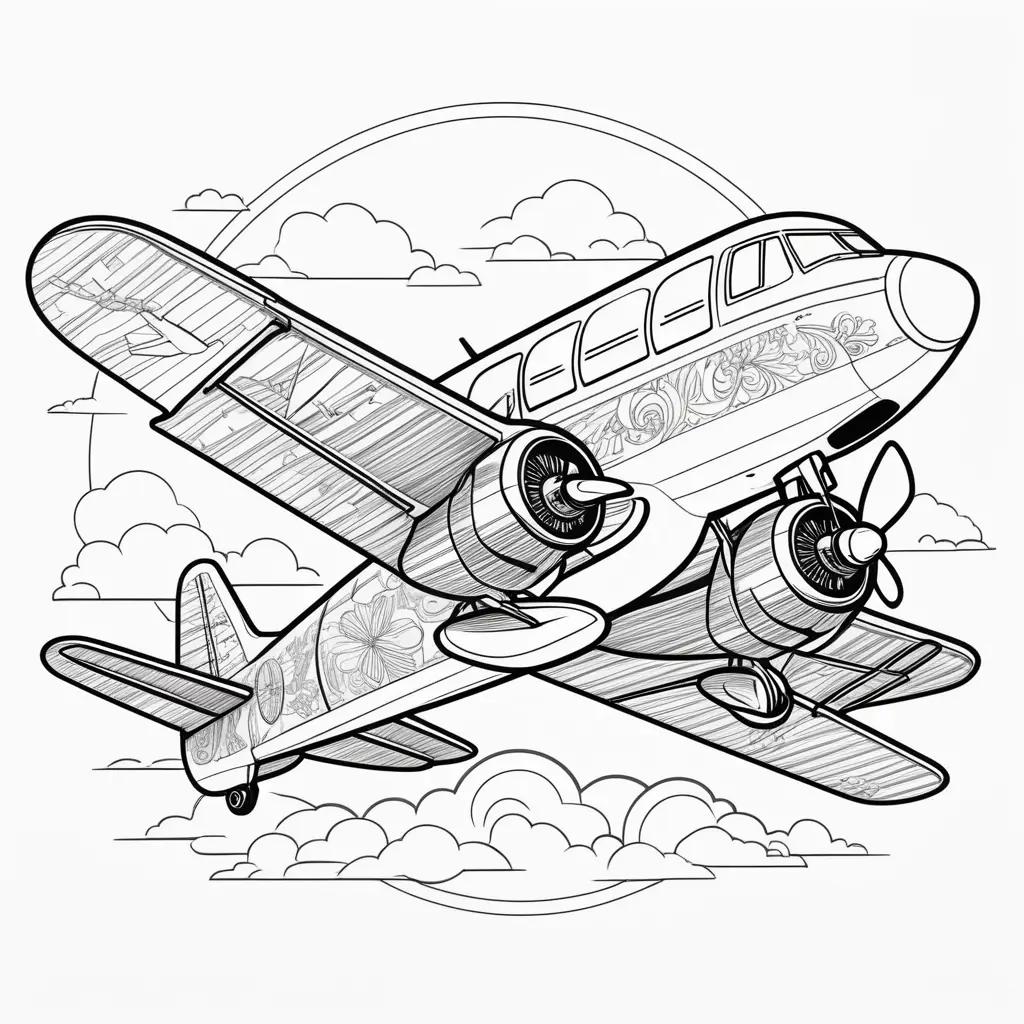 Coloring pages of airplanes in a cloud sky