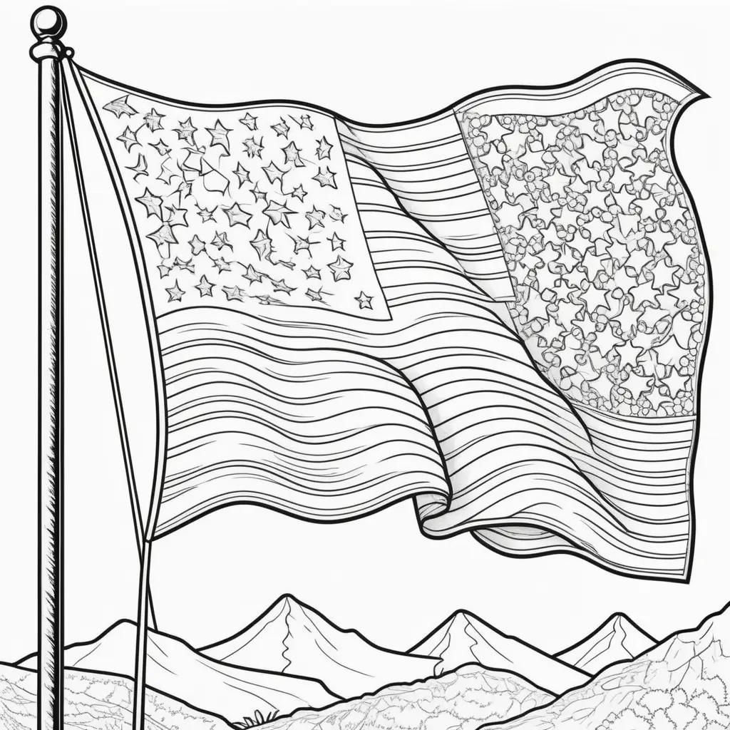 Coloring pages of an American flag waving in the wind