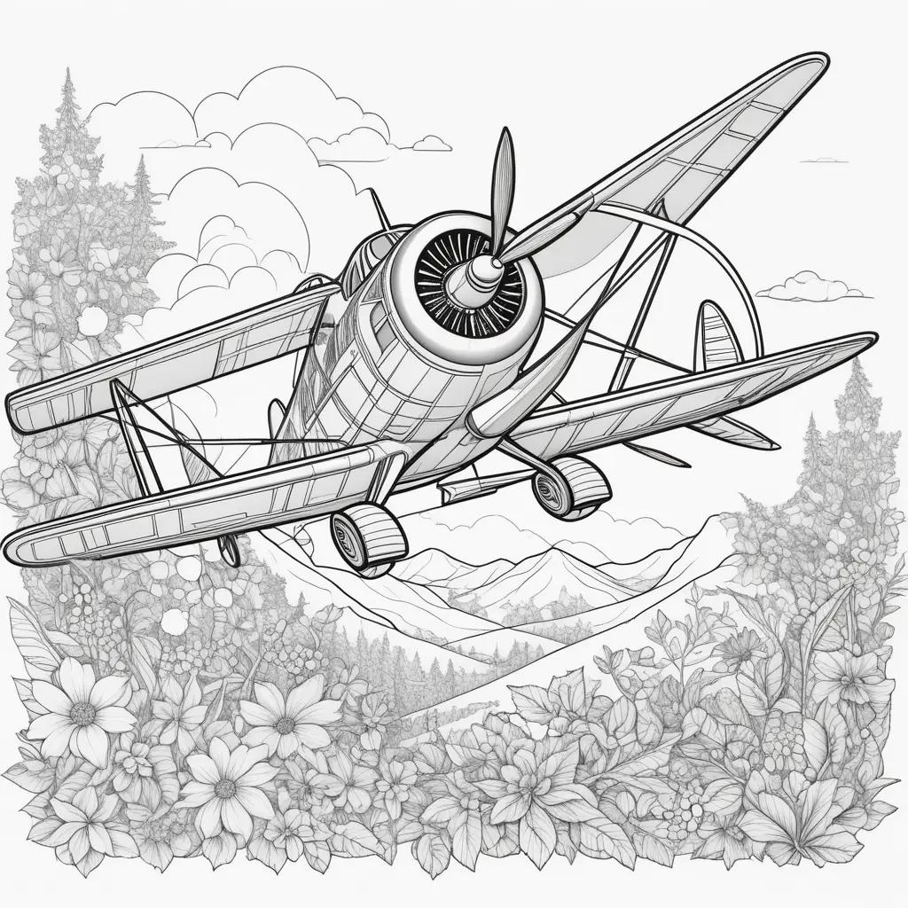 Coloring pages of an airplane in a forest