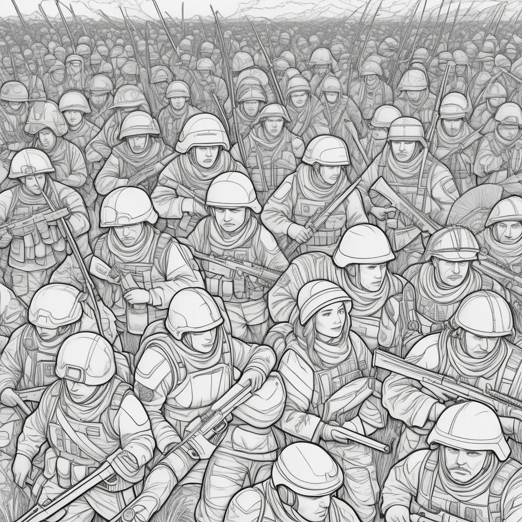 Coloring pages of an army with weapons and uniforms