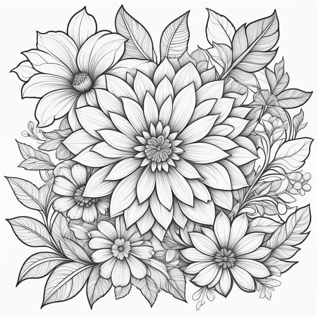 Coloring pages of beautiful flowers and leaves