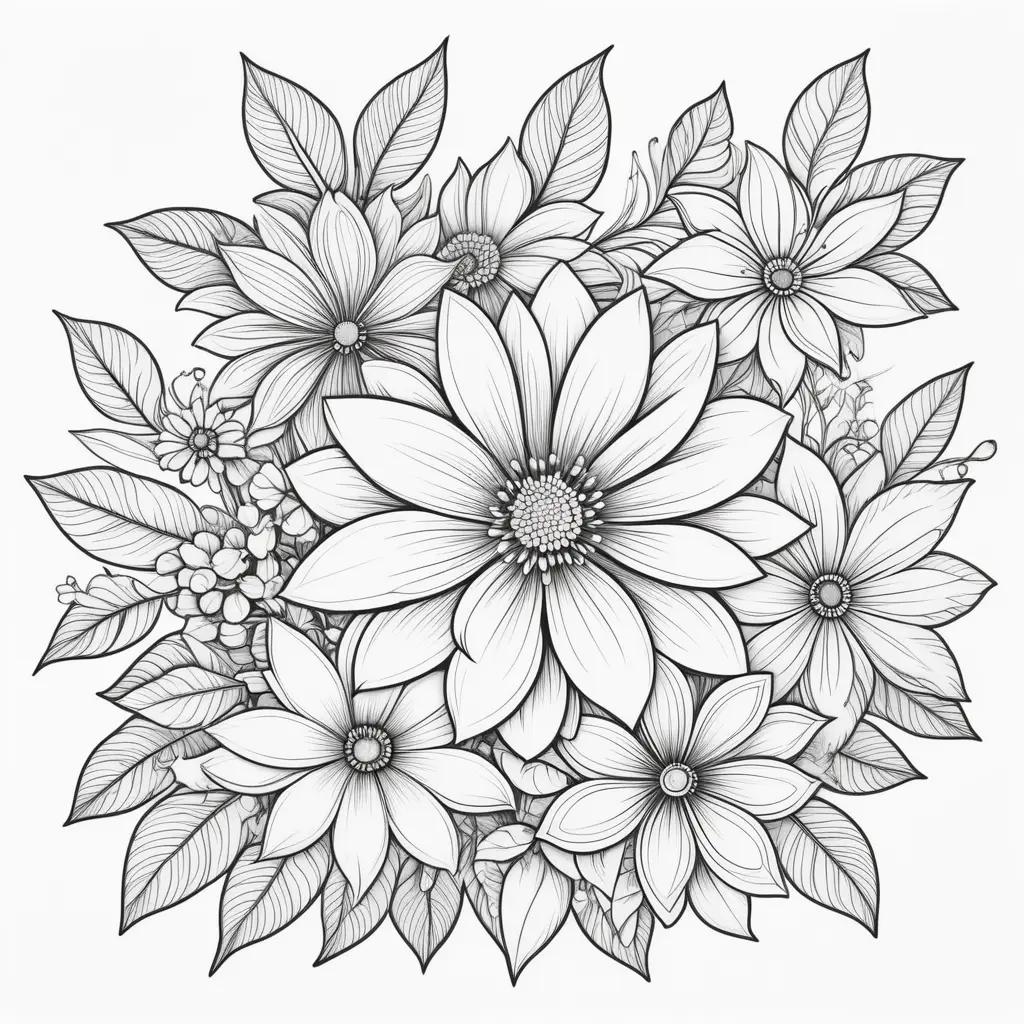 Coloring pages of easy flower designs with leaves and stems