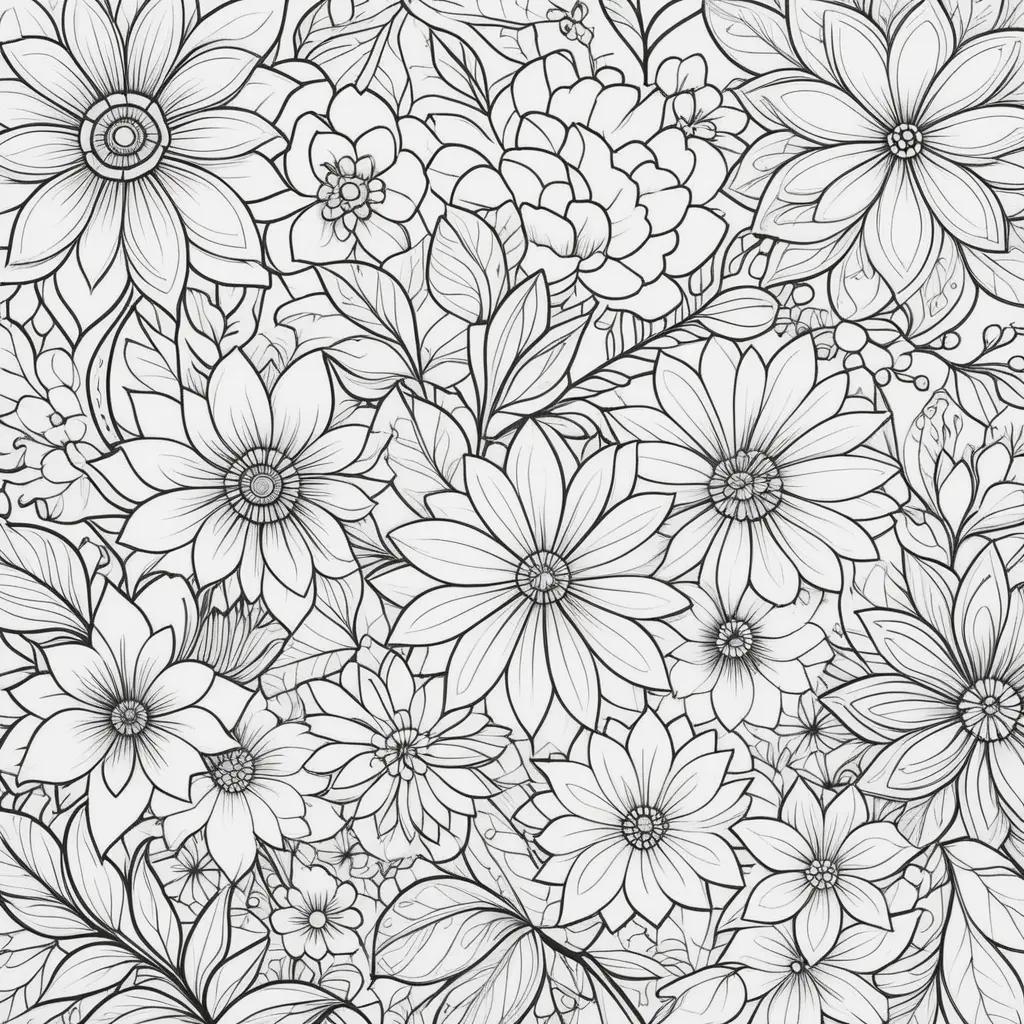 Coloring pages of flowers and leaves in black and white