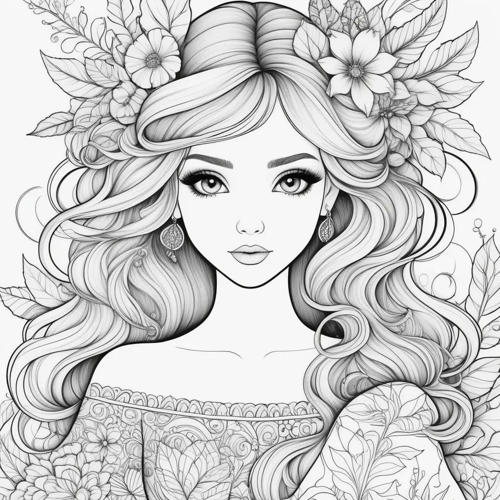 Coloring pages of girls with flowers and leaves