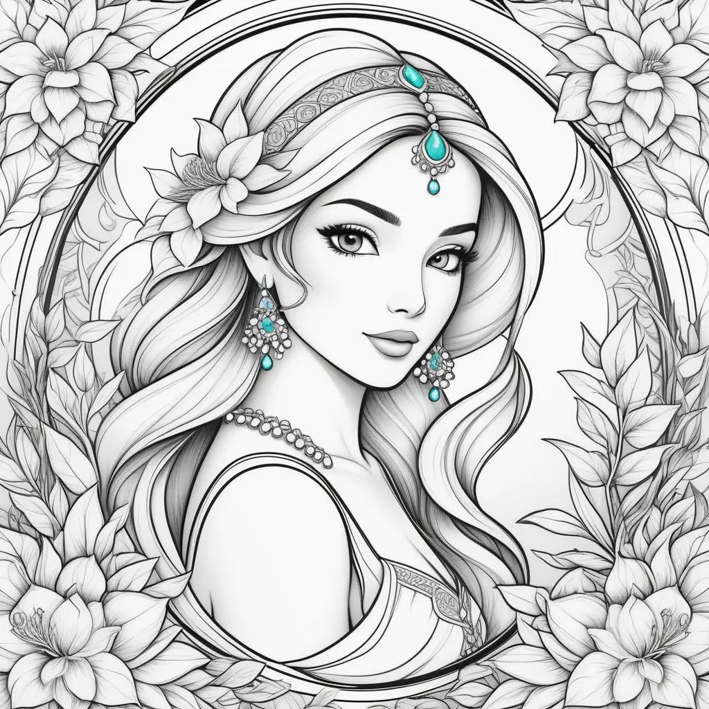 Coloring pages of jasmine featuring a woman in a white dress and a turquoise necklace