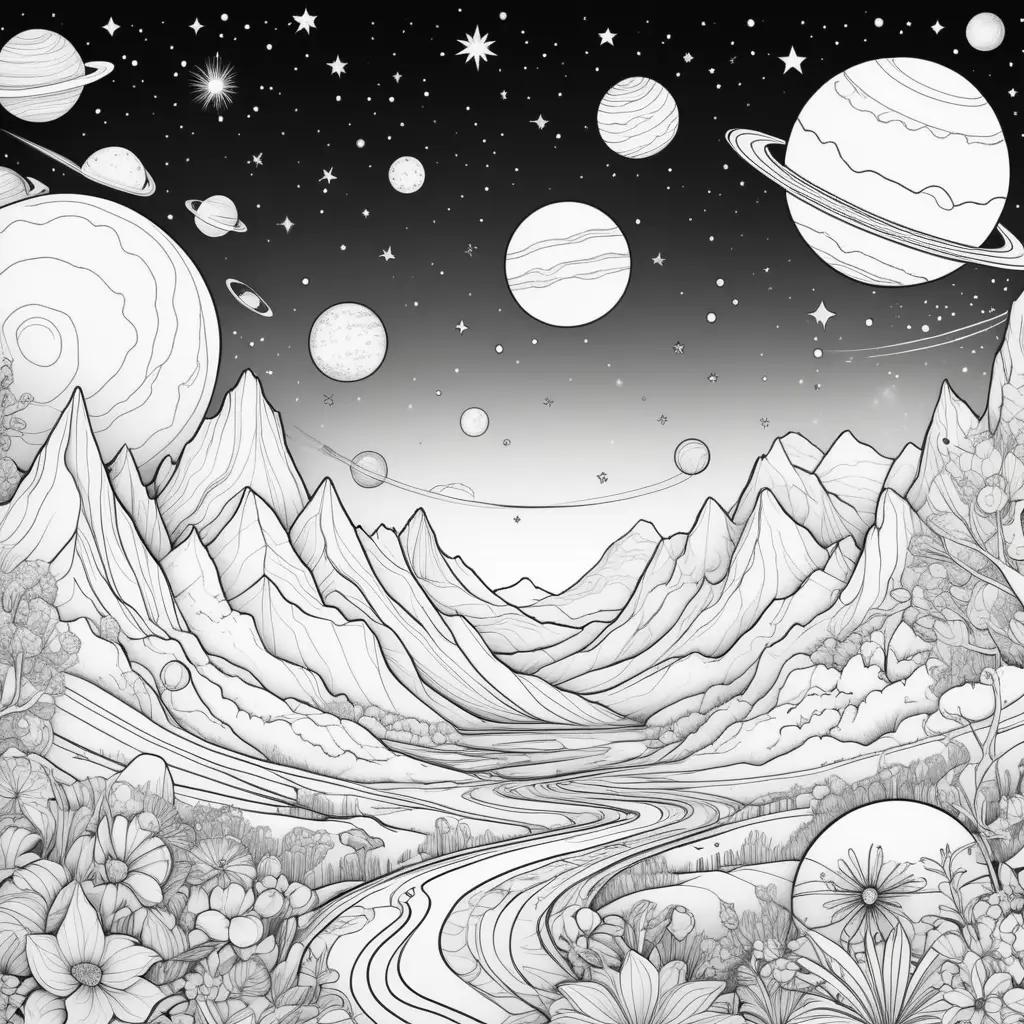 Coloring pages of planets and space scenery