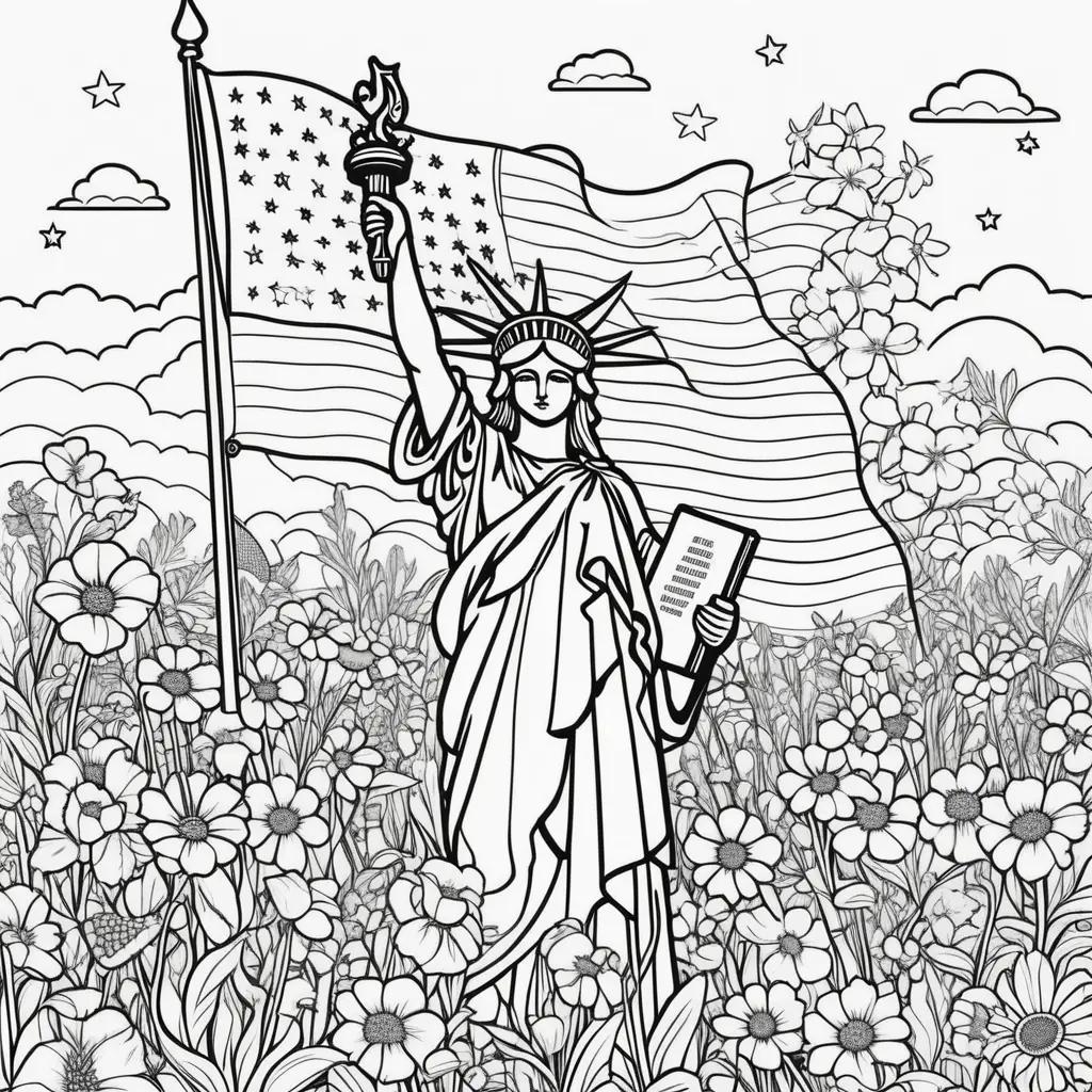 Coloring pages of statue of liberty with flags and flowers