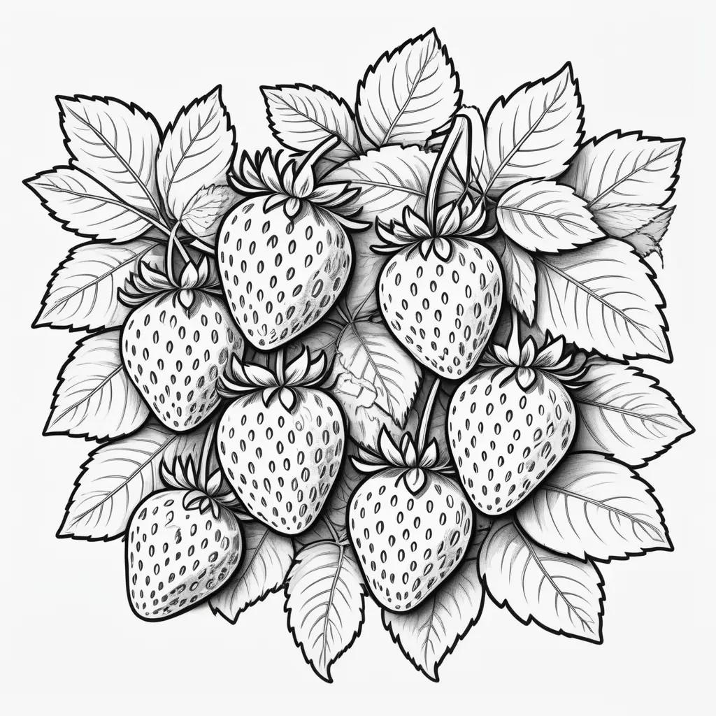 Coloring pages of strawberries, leaves and stems