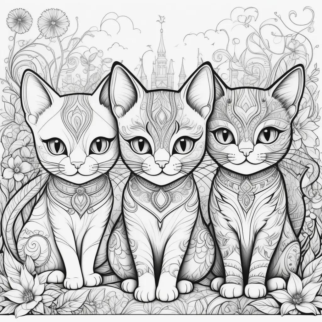 Coloring pages of three cats with super kitties design