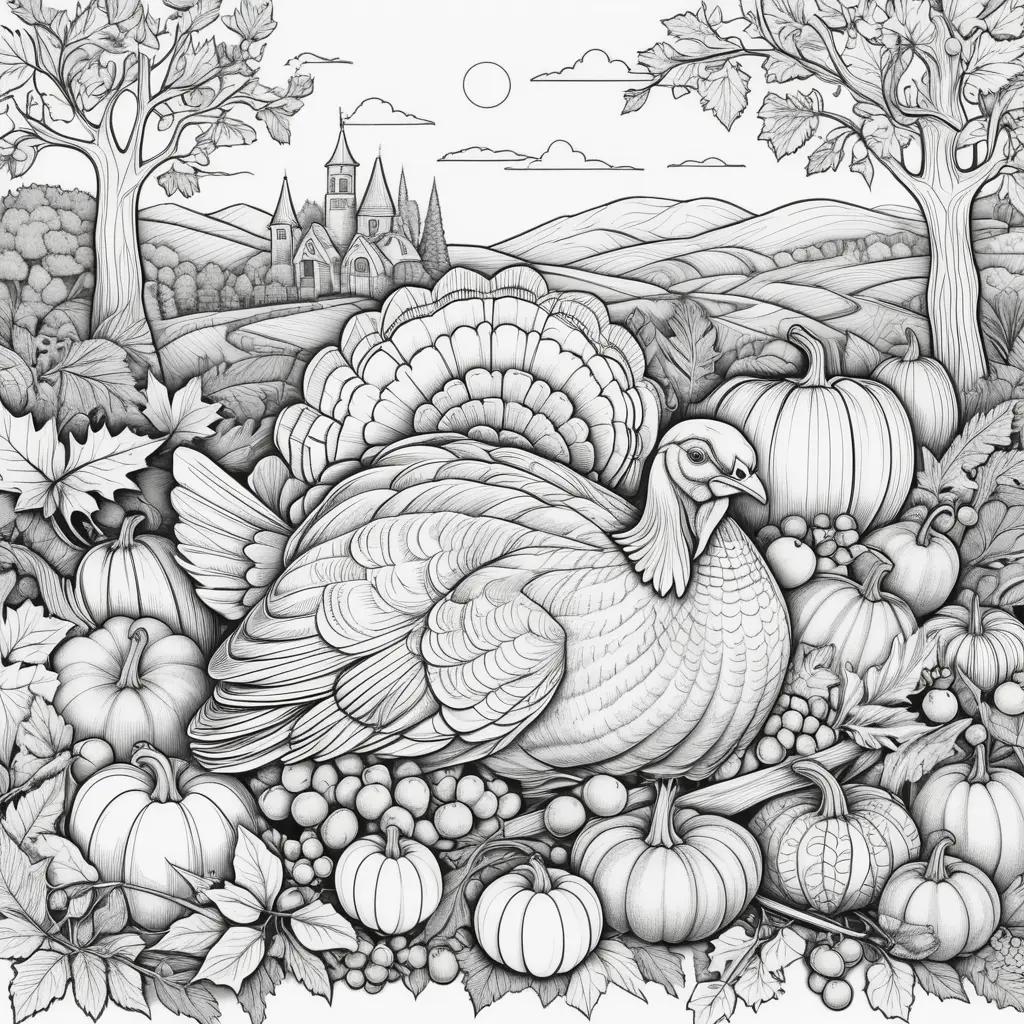 Coloring pages of turkey, pumpkins and grapes on a fall day