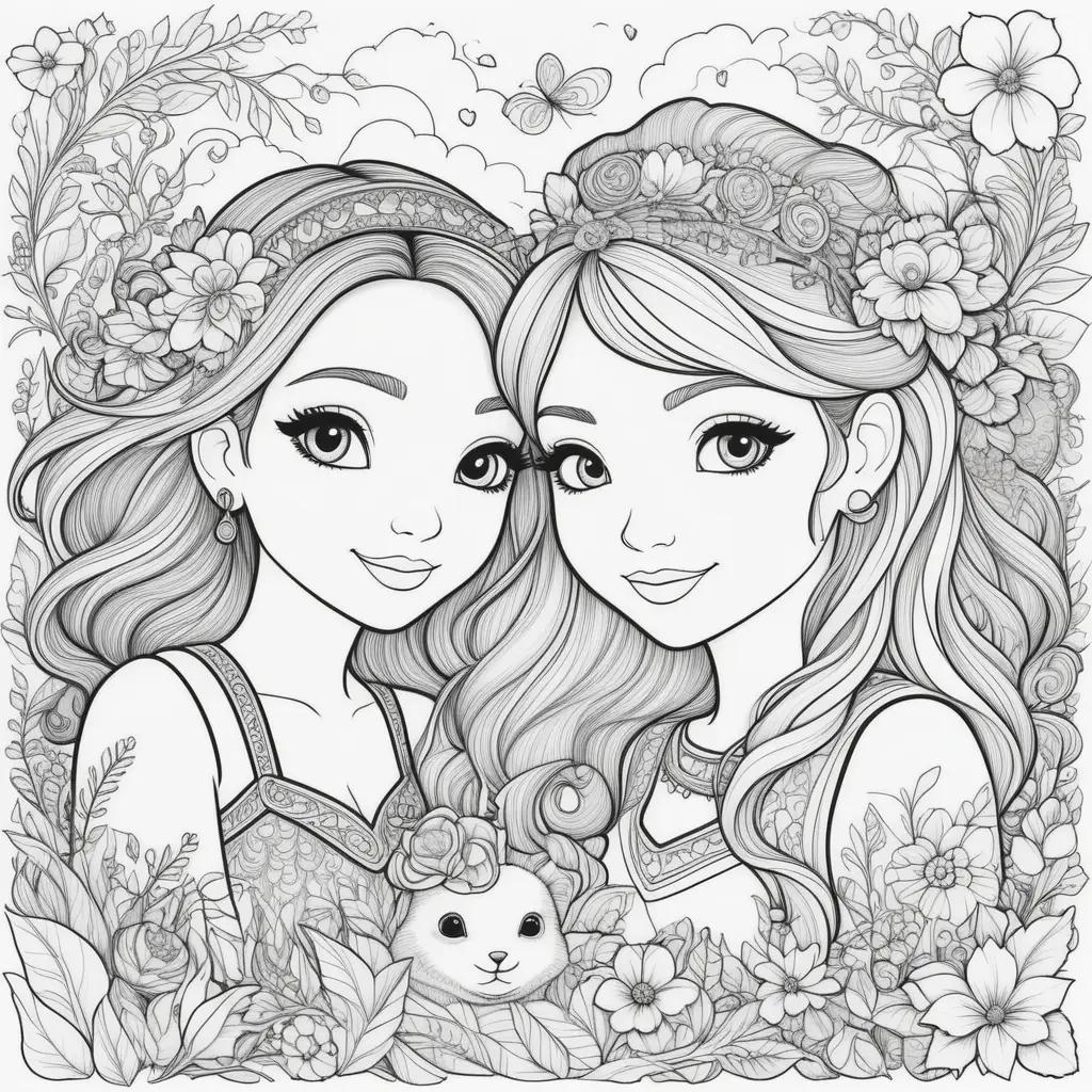 Coloring pages of two girls in a garden with a butterfly and flowers