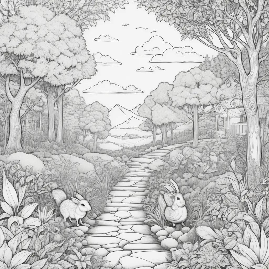 Coloring pages show a rabbit and a bird in a forest