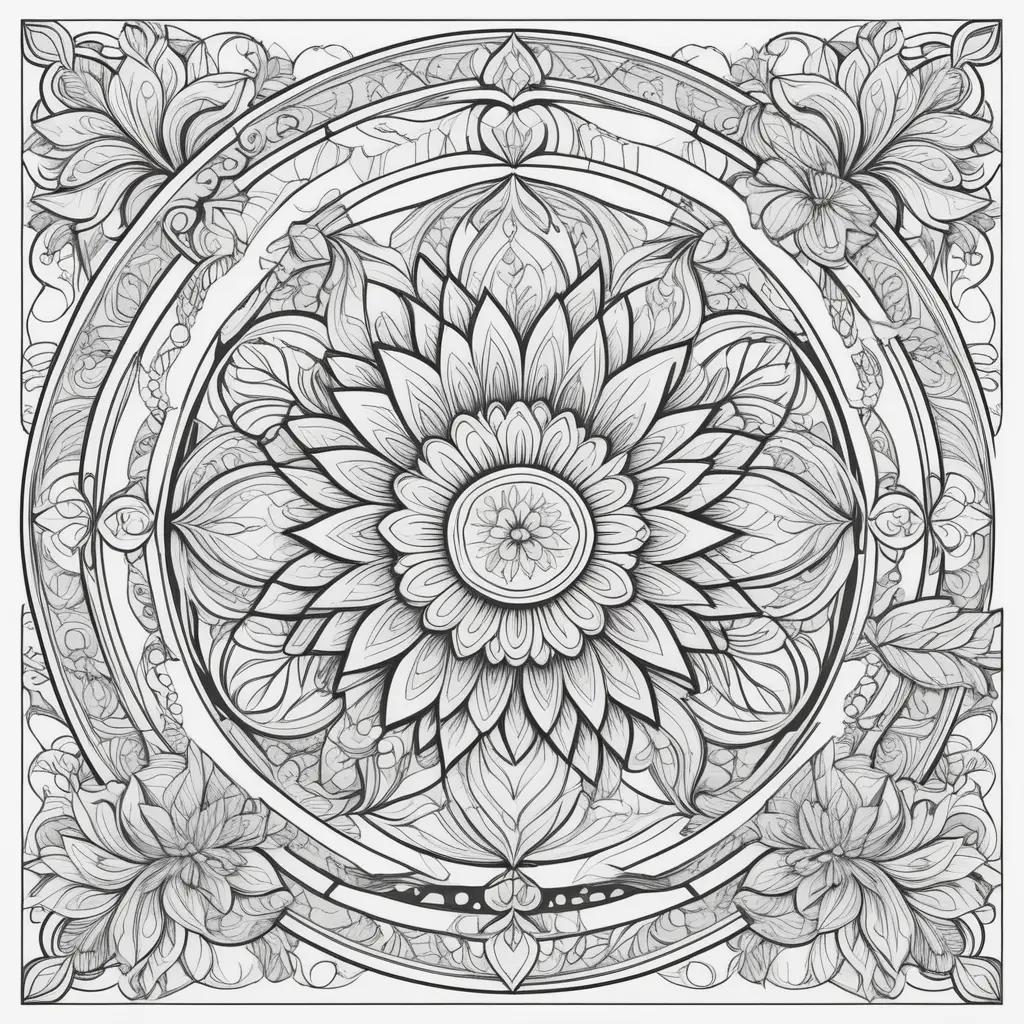 Coloring pages with a mandala design and leaves