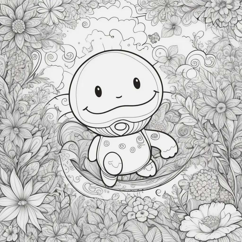 Coloring pages with a smiling character in a flower garden