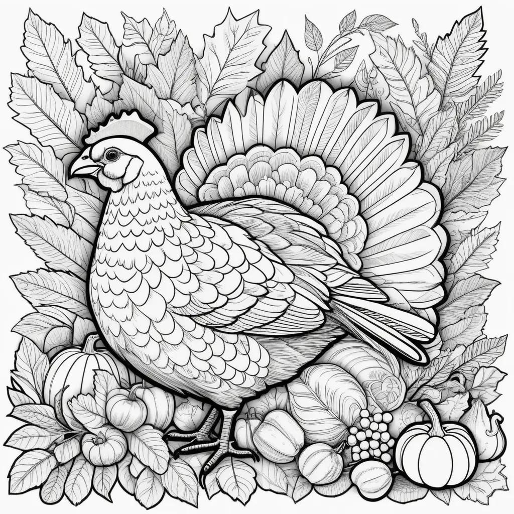 Coloring pages with a turkey, pumpkins, and leaves