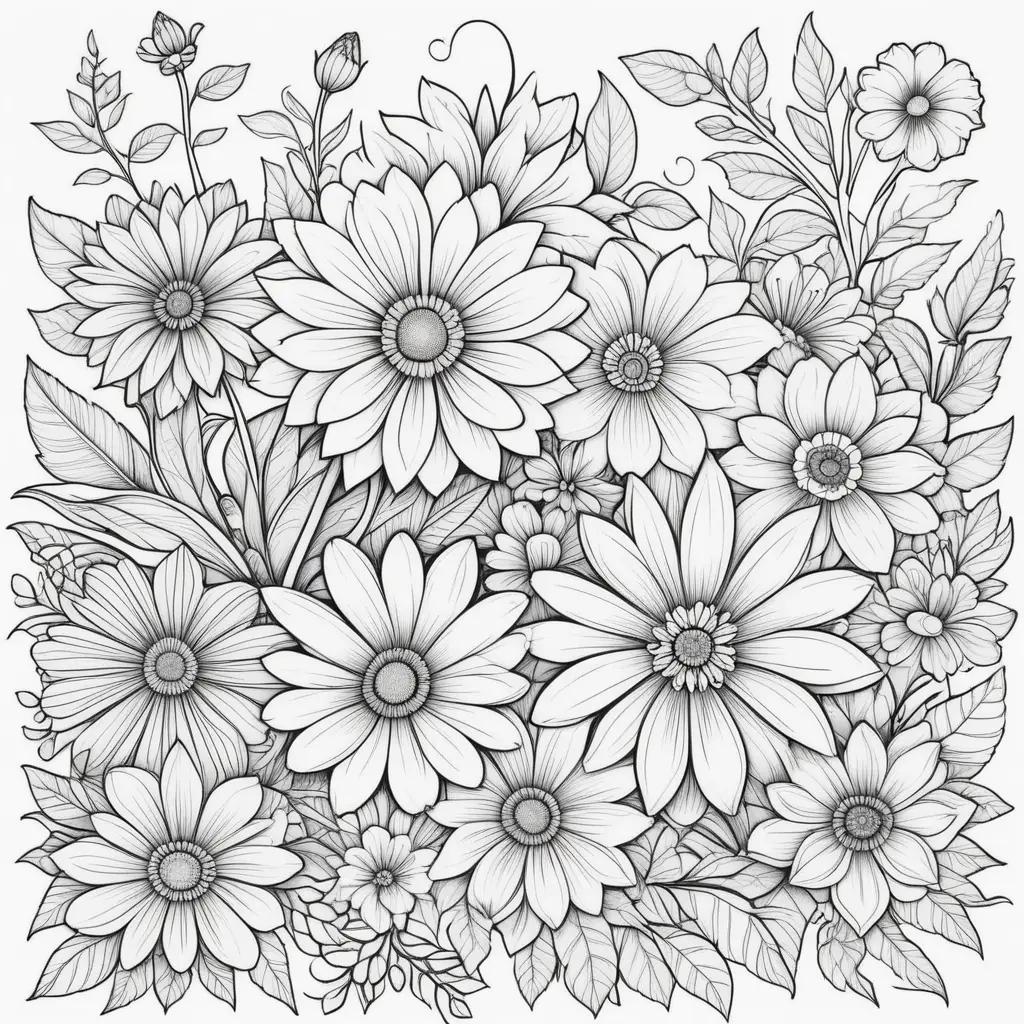 Coloring pages with a variety of flowers in black and white