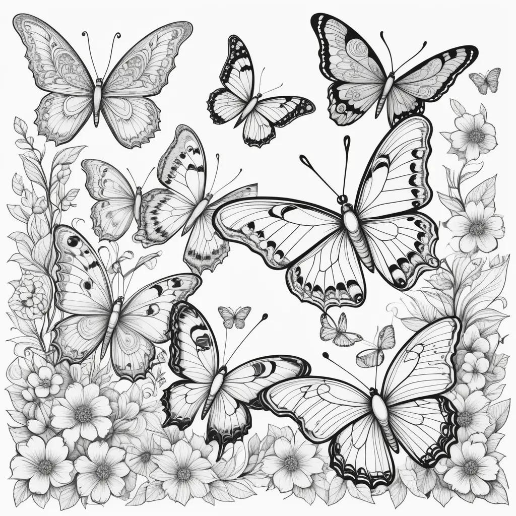 Coloring pages with black and white butterflies