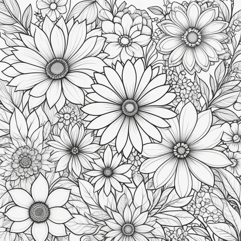 Coloring pages with flowers, leaves, and stems