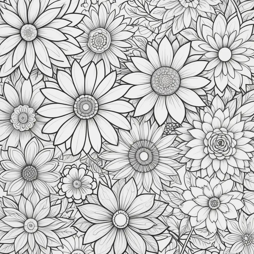 Coloring pages with flowers and leaves in black and white