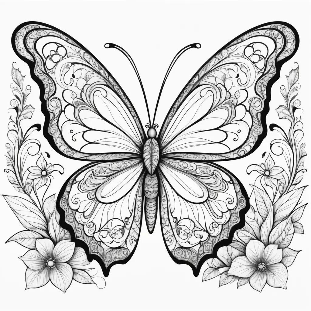 Coloring pages with intricate butterfly design and flowers