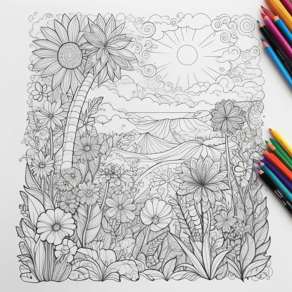 Coloring pages with summer flowers and sun