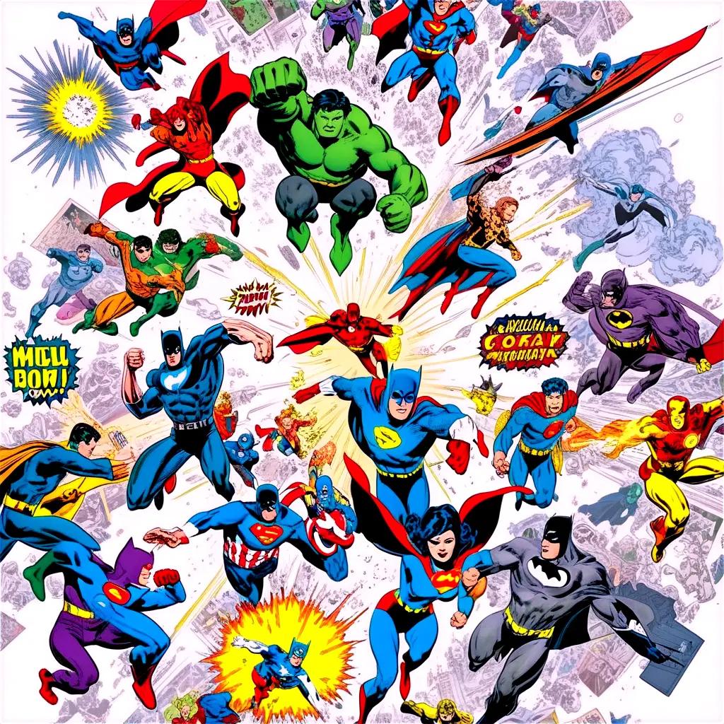 Comic book art with superheroes in a white background