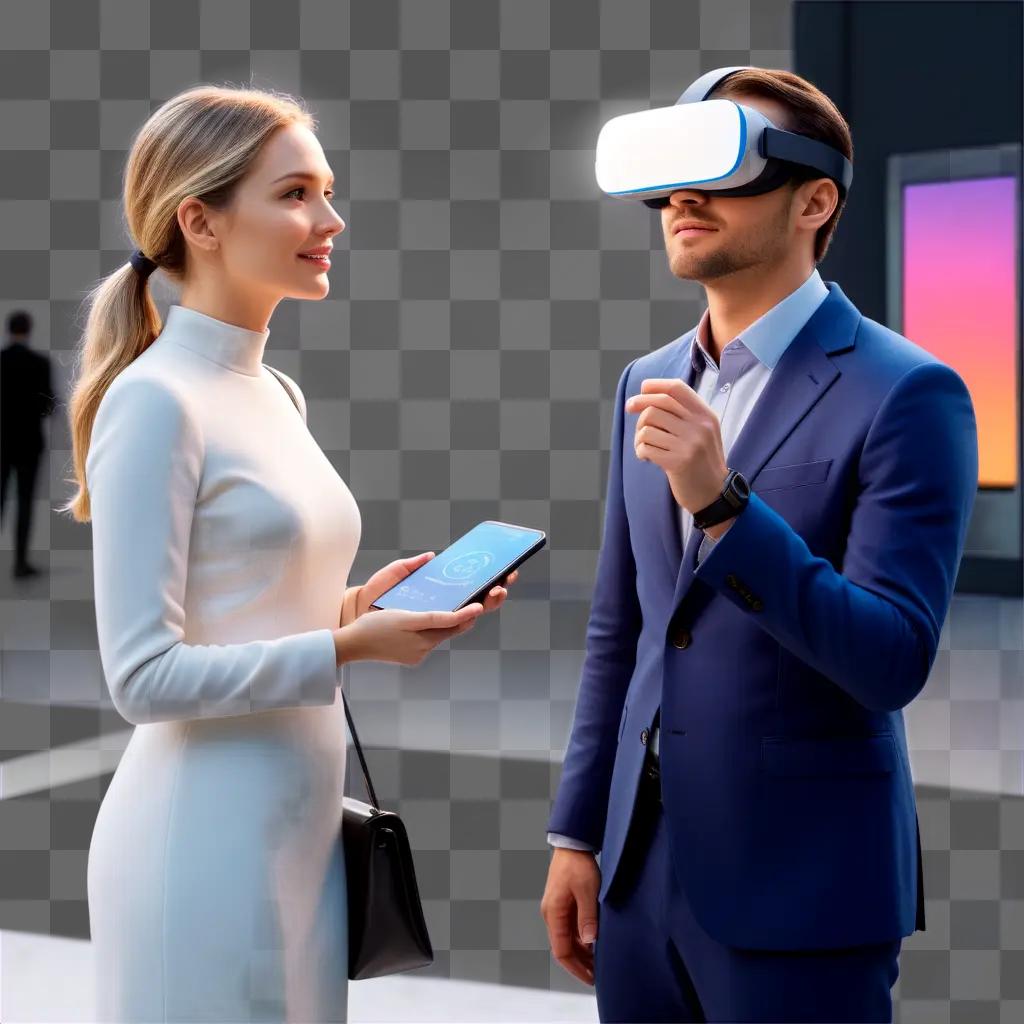 Communication between a woman and a man wearing virtual reality glasses