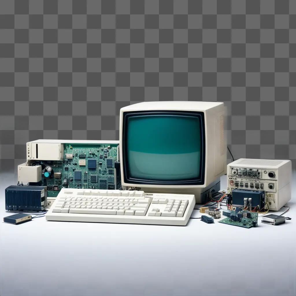 Computer and peripheral equipment on a gray background