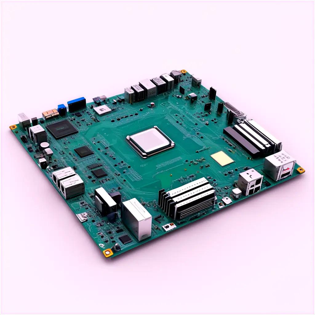 Computer board with various components on a pink background